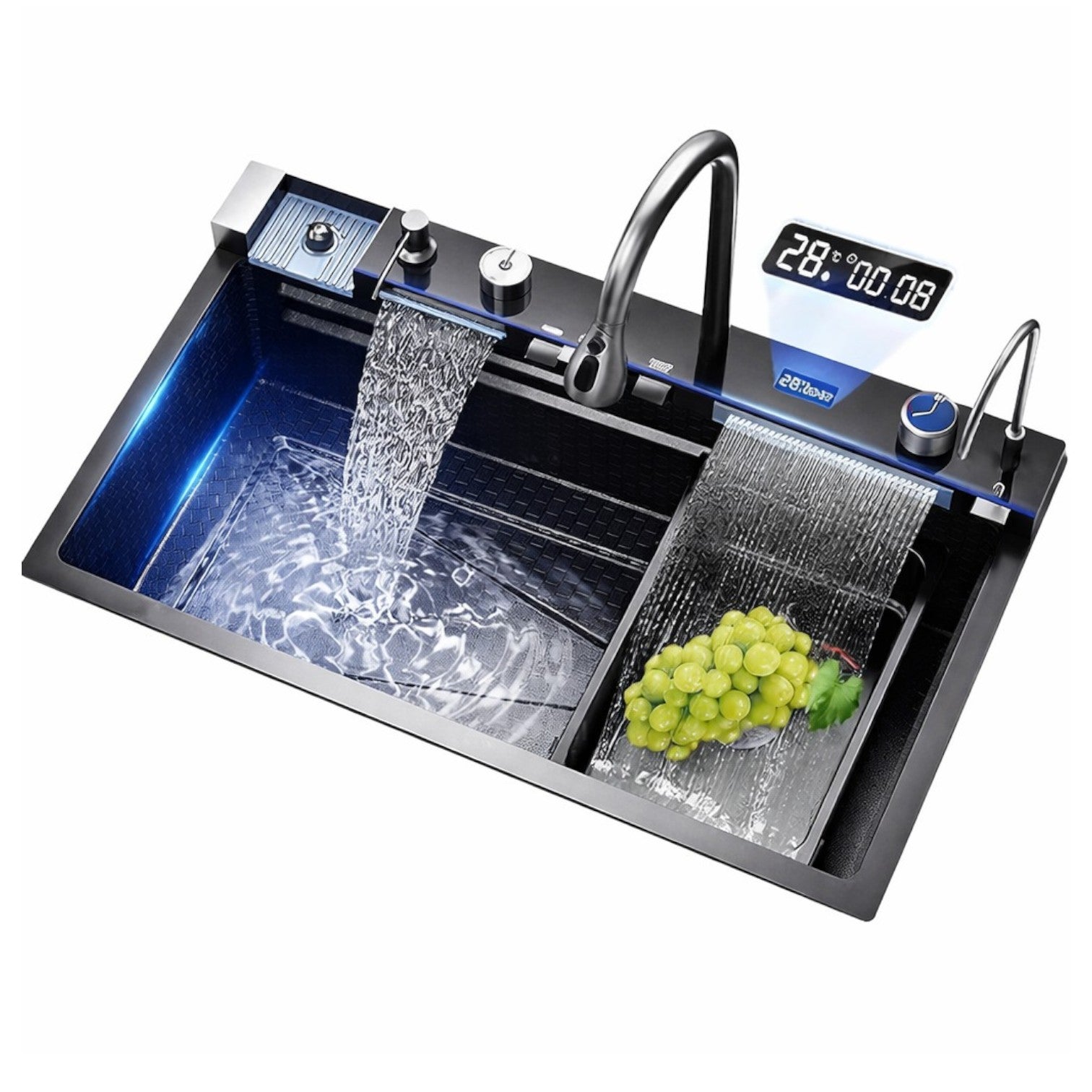 Chiuvetă Multifuncțională 75x46cm, cu 2 Cascade, Afișaj Digital Temperatură, Robinet Tip Cascadă, Accesorii Incluse Engros