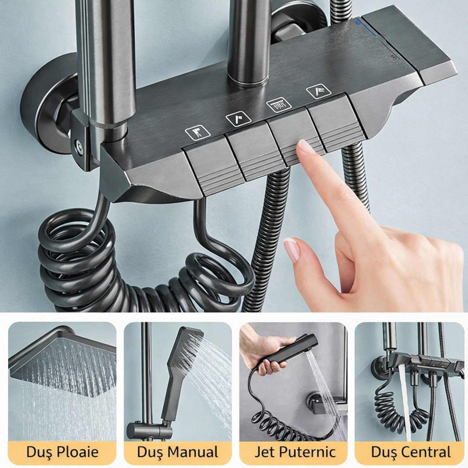 ​Set Duș Termostatic cu Coloană Reglabilă, 125.5cm, Cap Ploaie 25cm, Pară Duș 4 Funcții, Baterie cu 4 Butoane, Furtun Spirală, Oțel Inoxidabil Engros