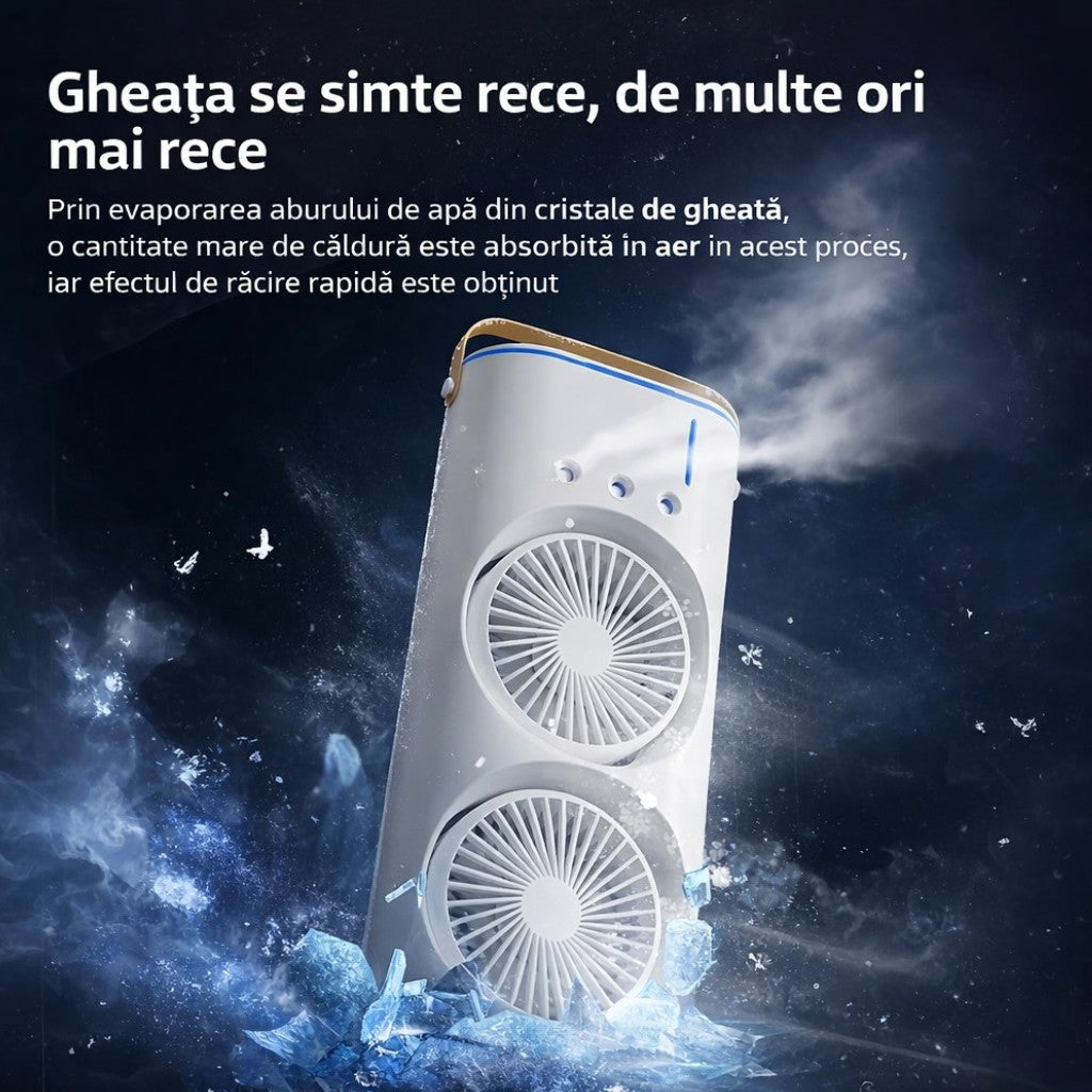 Ventilator Portabil cu Pulverizare Apă 37x16 cm, Răcire cu Gheață, Baterie Reîncărcabilă USB, cu Mâner Iluminare LED Multicolor Engros