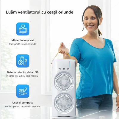 Ventilator Portabil cu Pulverizare Apă 37x16 cm, Răcire cu Gheață, Baterie Reîncărcabilă USB, cu Mâner Iluminare LED Multicolor Engros