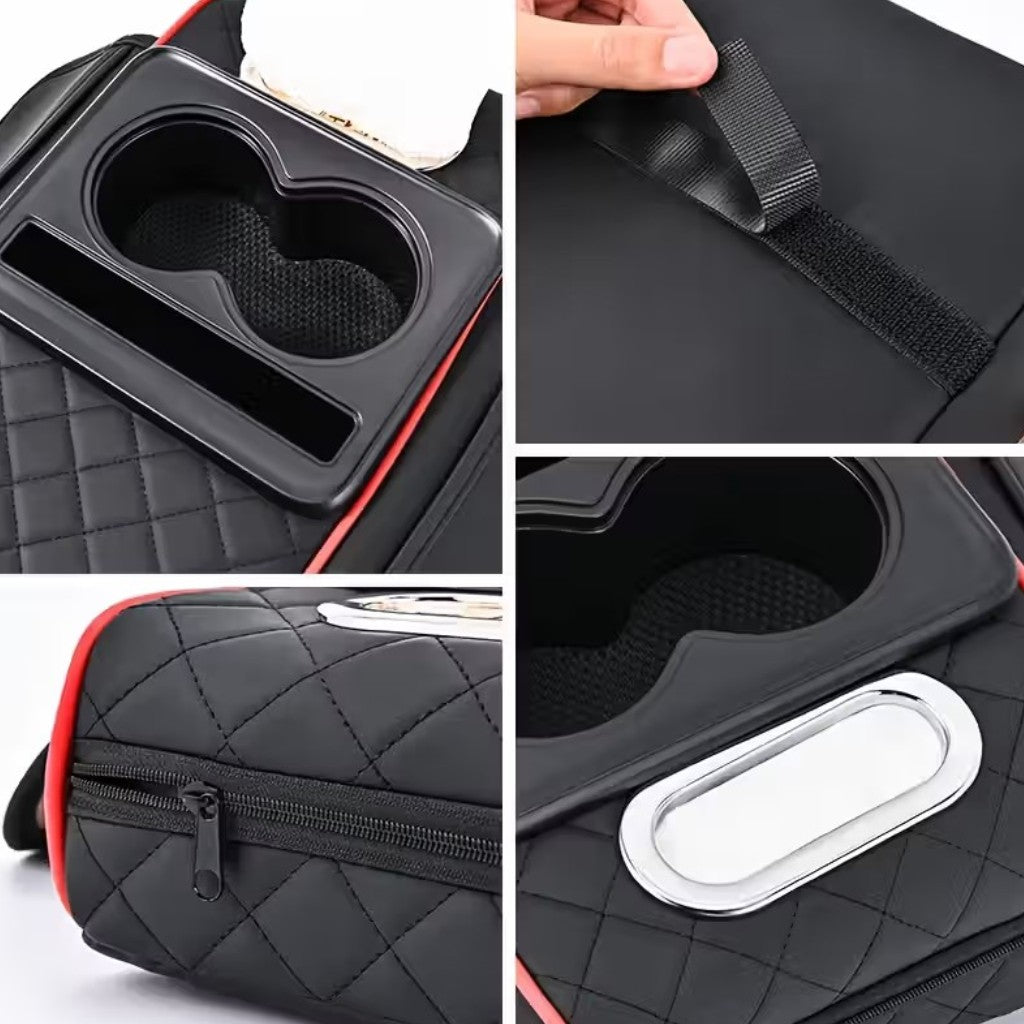 Cotieră Auto Universală 34x19x7.5cm, Organizator Multifuncțional cu Suport 2 Pahare, Șervețele și Depozitare Diferite Culori Engros