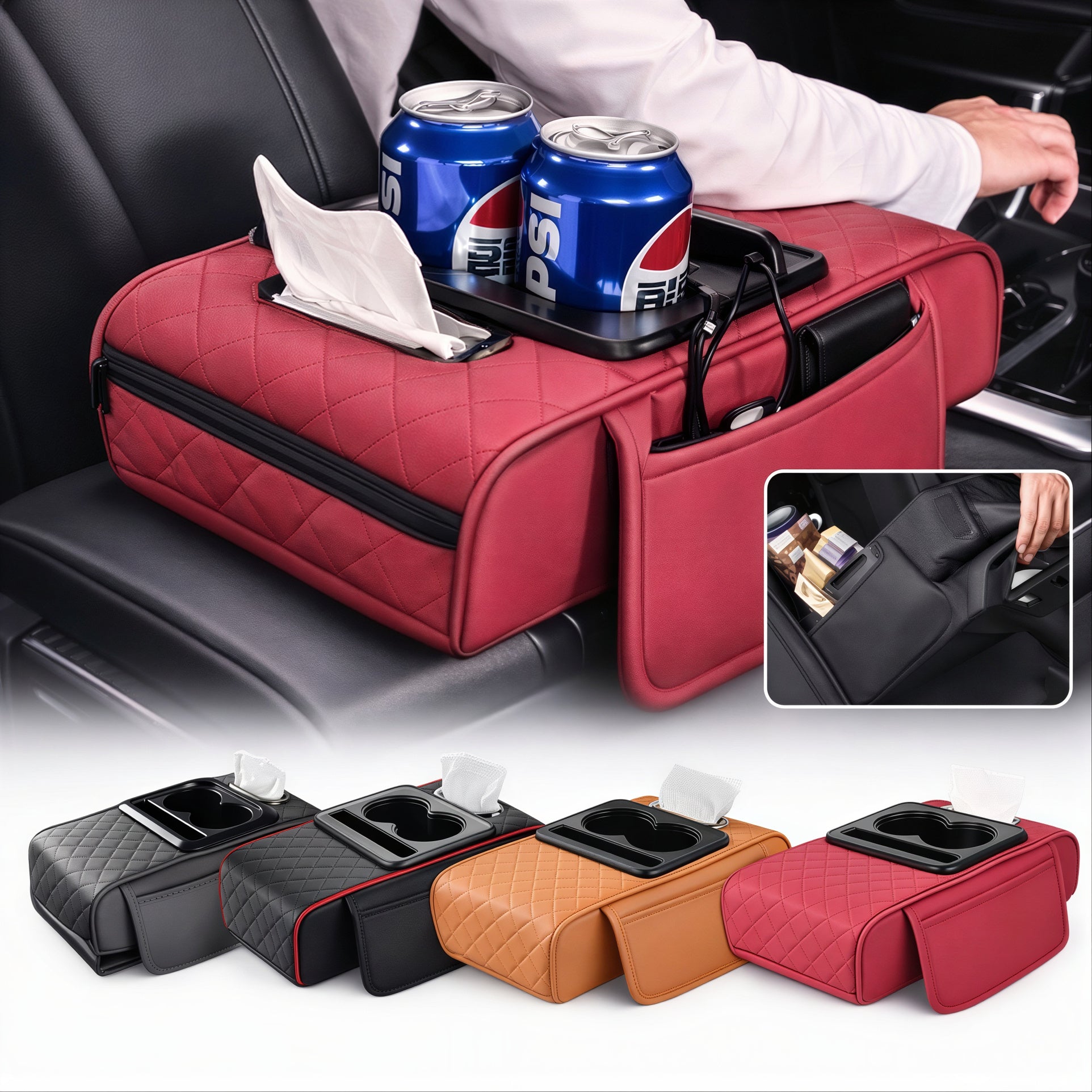 Cotieră Auto Universală 34x19x7.5cm, Organizator Multifuncțional cu Suport 2 Pahare, Șervețele și Depozitare Diferite Culori Engros