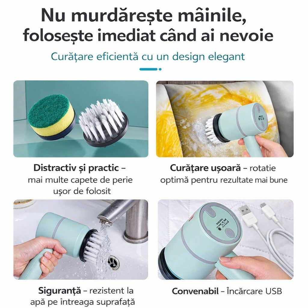 Perie Electrică de Curățare 20.5x8cm cu Rotație si 5 Accesorii Interschimbabile, Reîncărcabilă USB, Diferite Culori Engros