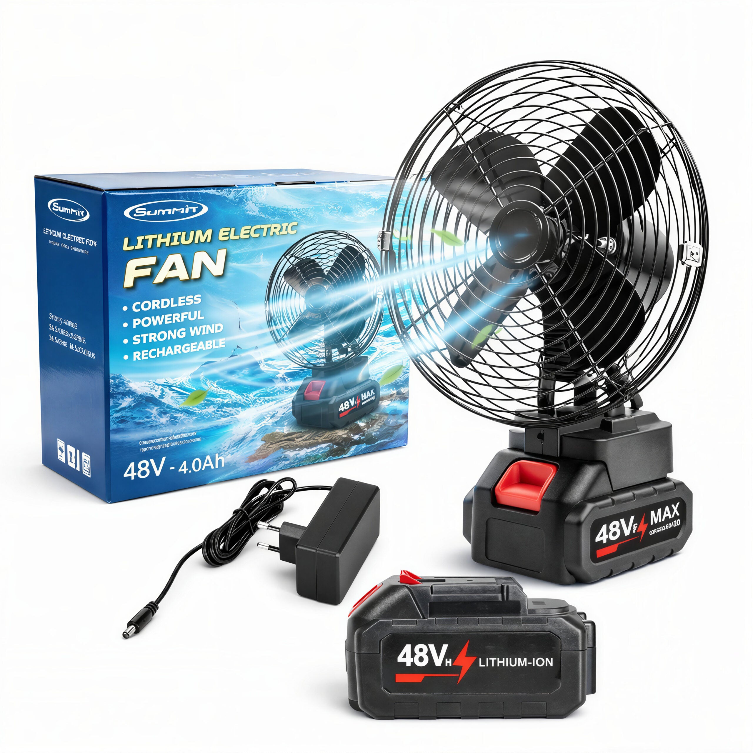 Ventilator Portabil cu 2 Acumulatoare 48V 30cm, cu Încărcător Inclus, Flux de Aer Puternic Engros