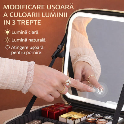 Geantă Organizator Machiaj cu Oglindă LED, 26x23x11cm, Compartimentare Reglabilă, Reîncărcabilă USB Diferite Culori Engros