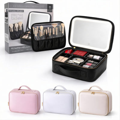 Geantă Organizator Machiaj cu Oglindă LED, 26x23x11cm, Compartimentare Reglabilă, Reîncărcabilă USB Diferite Culori Engros