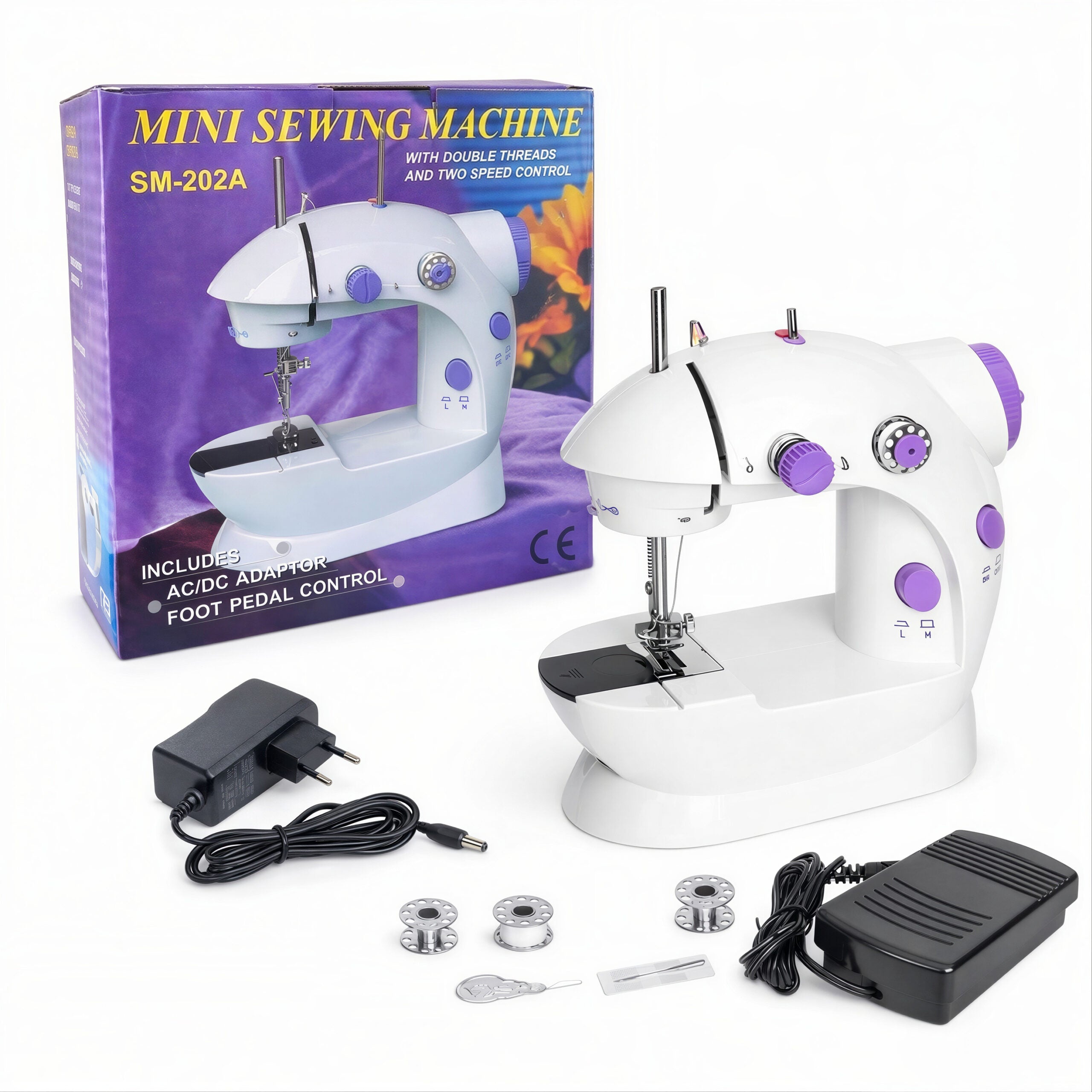 Mini Mașină de Cusut Electrică, 22.5×12×21cm cu Pedală și Alimentator, Accesorii Incluse Engros