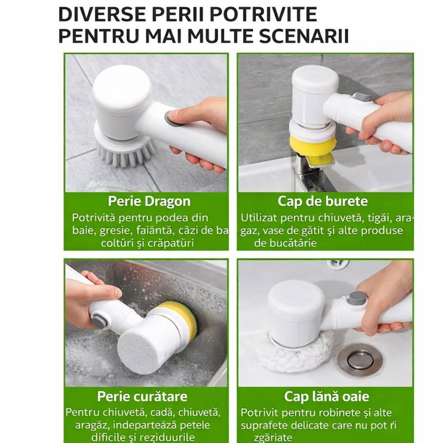 Perie de Curățare Electrică 20cm, Rotativă cu 3 Capete Interschimbabile, Reîncărcabilă Engros