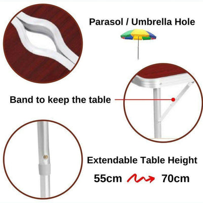Masă Pliabilă 120x60cm cu Înălțime Reglabilă, Orificiu pentru Umbrelă, Tip Servietă, Cadru Aluminiu, Portabilă, Diferite Culori Engros