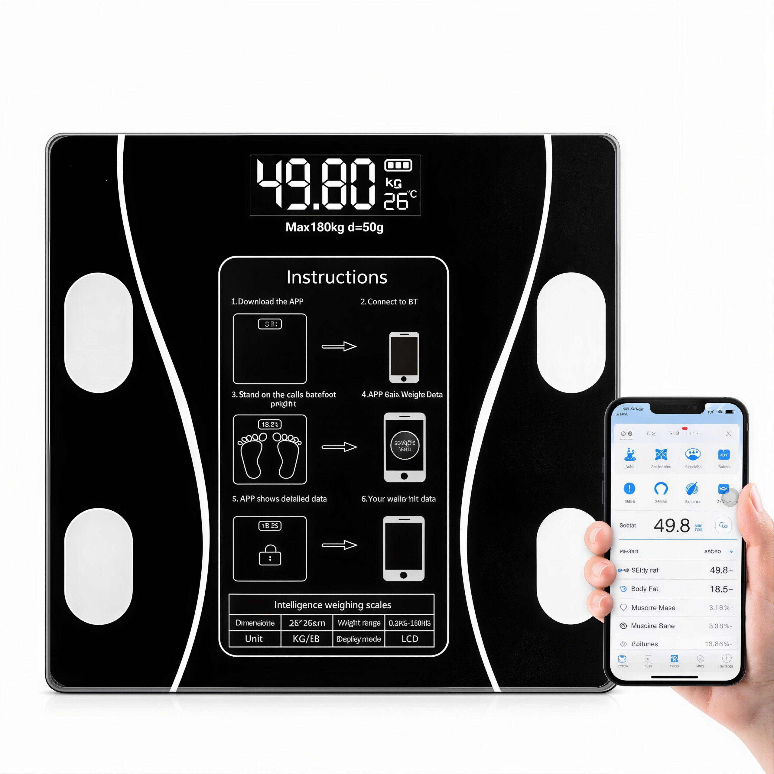 Cântar Inteligent 26x26cm cu Conectare Bluetooth, Analiză Corporală Completă și Aplicație Mobilă, Afișaj LCD Engros