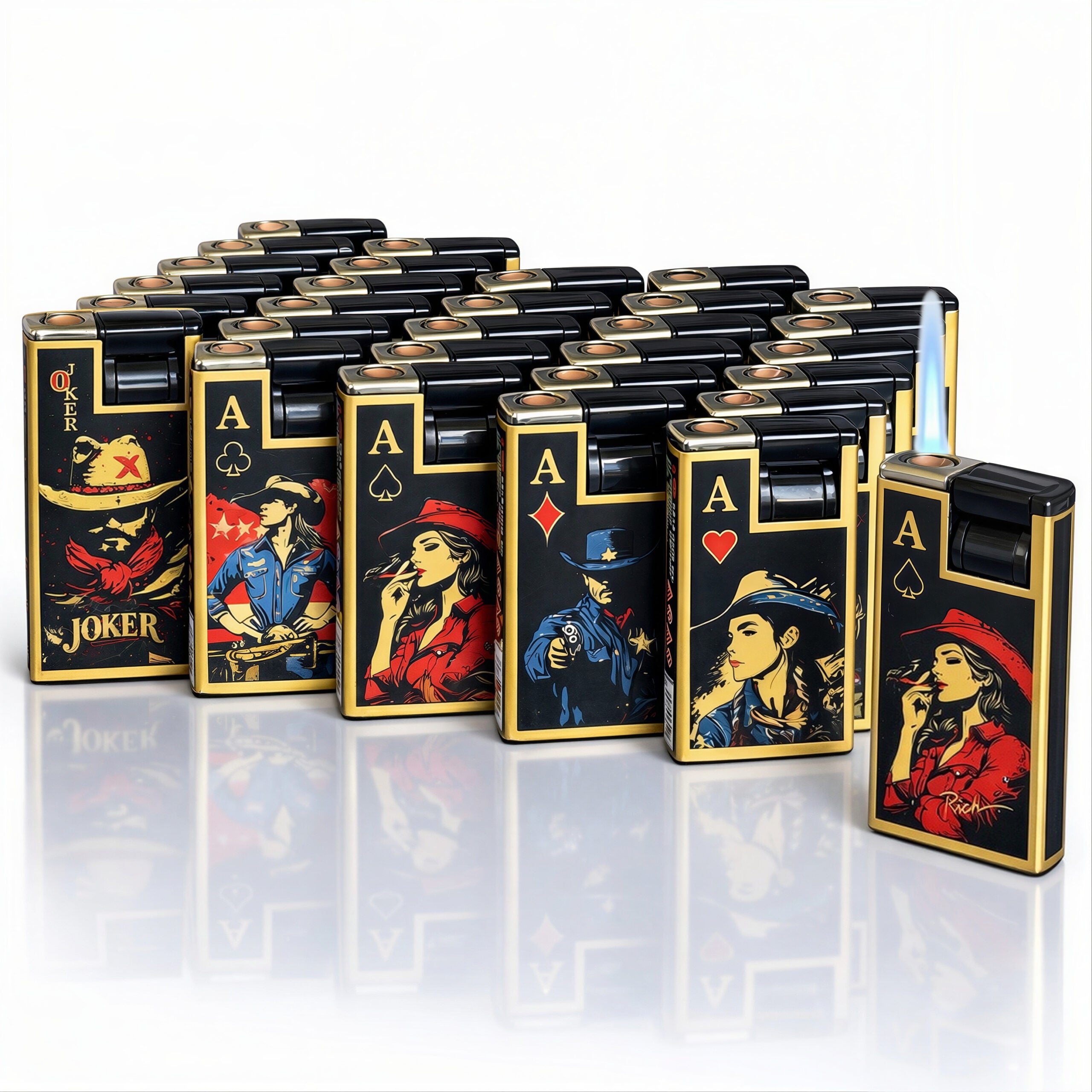 Brichete Metalice Antivânt 50/set, Flacără Albastra 6.5cm Modele Poker Engros