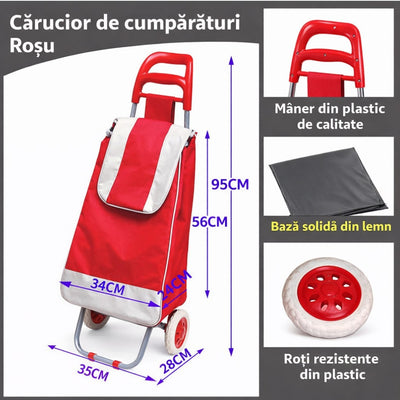 Carucior de Cumpărături Pliabil 95cm, cu Geantă Incăpătoare 56x34x24cm si Roți Rezistente, Cadru Metalic, Diferite Culori Engros