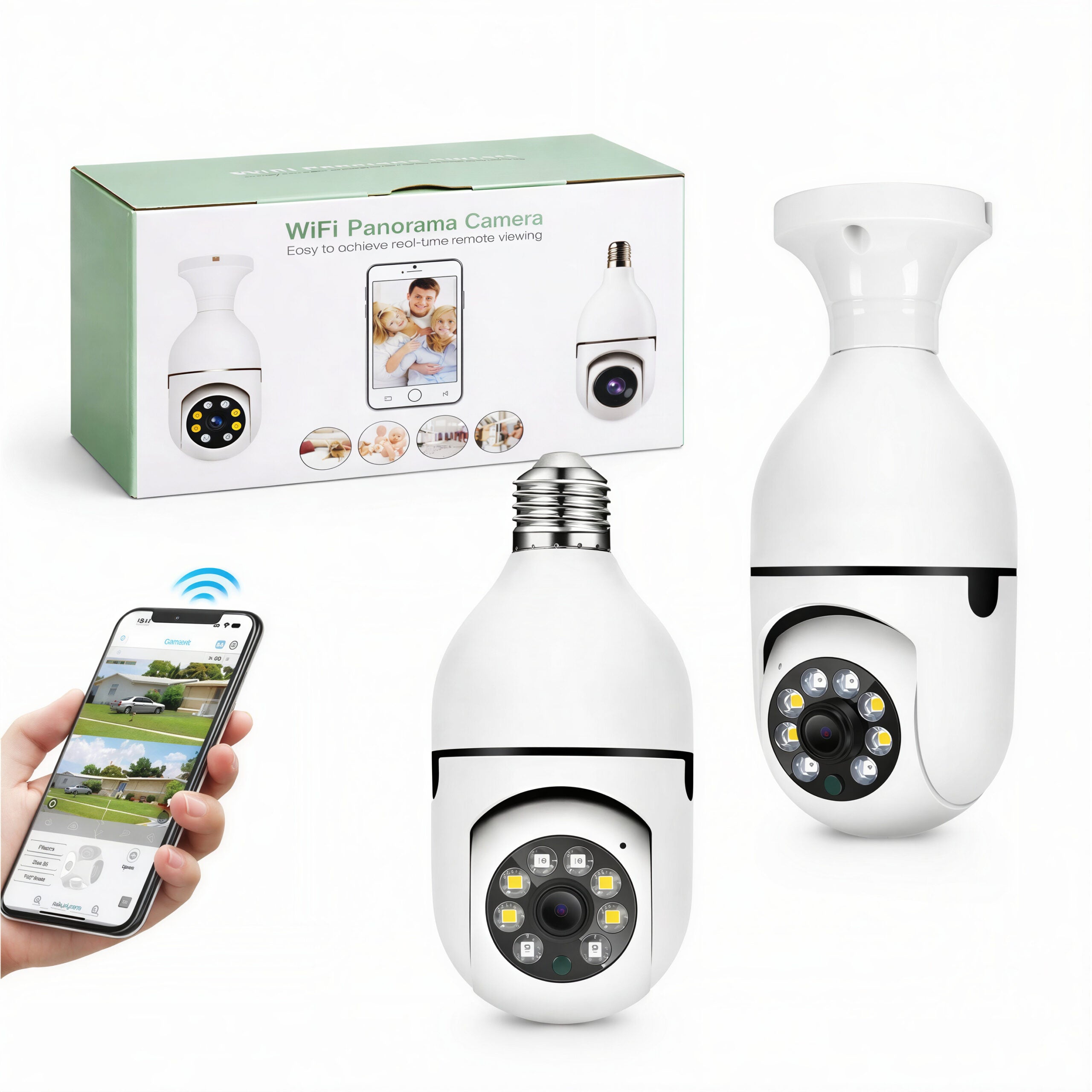 Cameră Supraveghere Wi-Fi Panoramică Tip Bec E27 cu Filet, Rotire 360°, o Singură Unitate de Supraveghere, Vedere Nocturnă LED 15.5cm, Audio Bidirecțional, Control prin Telefon Engros