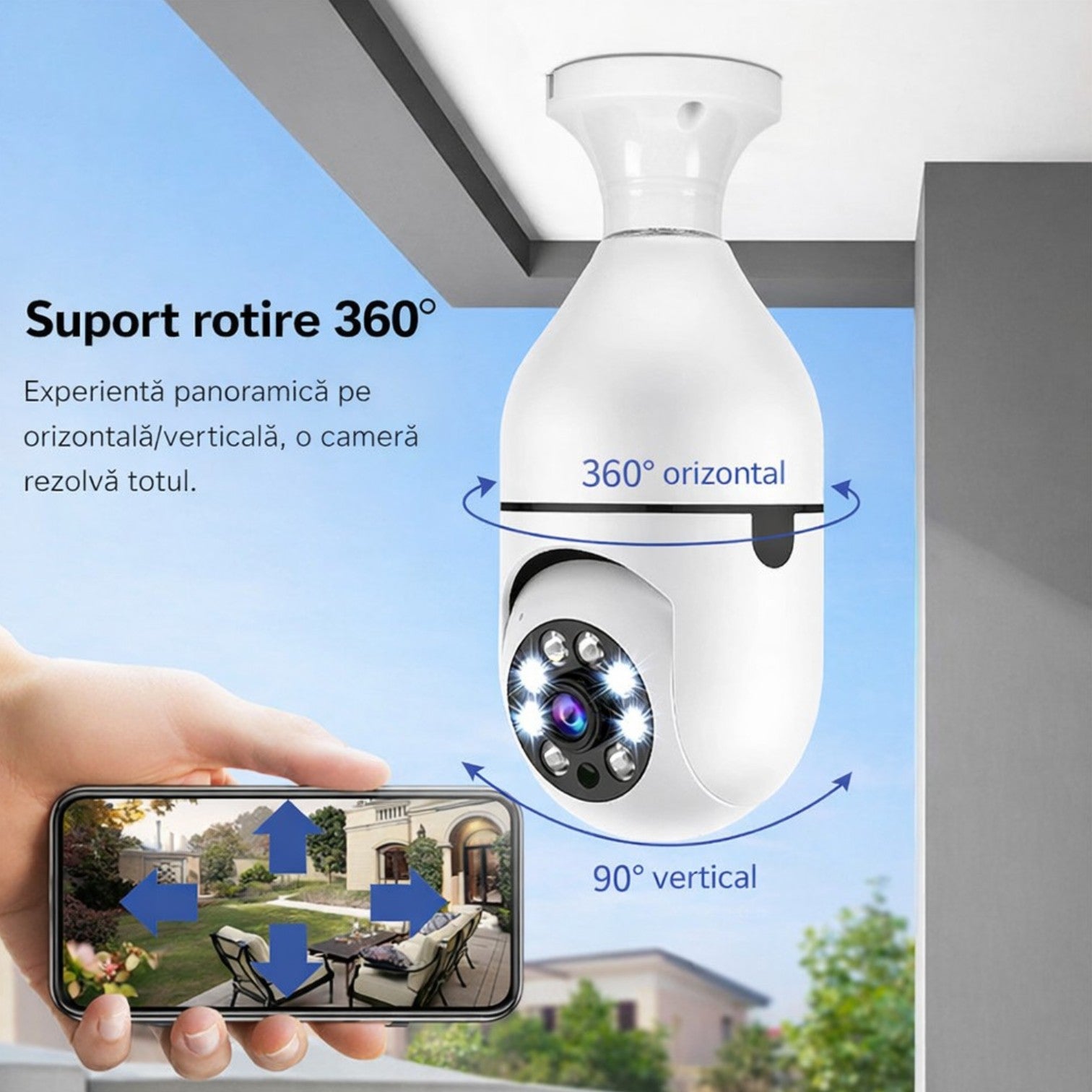 Cameră Supraveghere Wi-Fi Panoramică Tip Bec E27 cu Filet, Rotire 360°, o Singură Unitate de Supraveghere, Vedere Nocturnă LED 15.5cm, Audio Bidirecțional, Control prin Telefon Engros