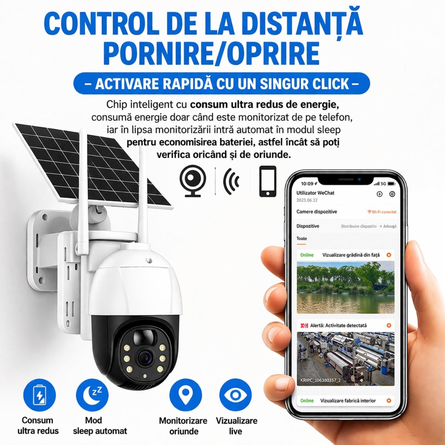 Cameră Supraveghere Solară 19cm, 4K Ultra HD, Rotire 360°, Triple Lens Design, o Cameră Reală, 2 Antene Wi-Fi, Vedere Nocturnă IR, Audio Bidirecțional, Control prin Telefon Engros