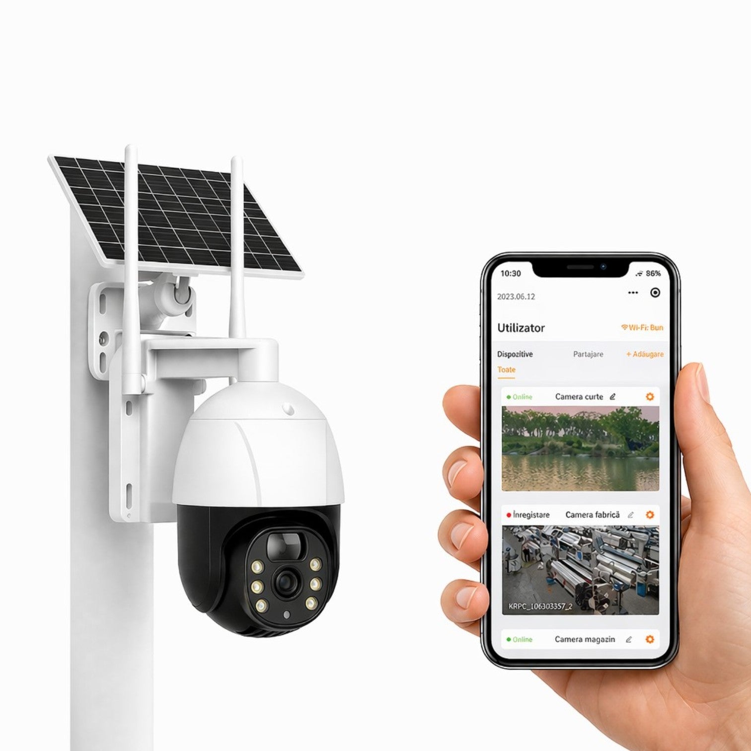 Cameră Supraveghere Solară 19cm, 4K Ultra HD, Rotire 360°, Triple Lens Design, o Cameră Reală, 2 Antene Wi-Fi, Vedere Nocturnă IR, Audio Bidirecțional, Control prin Telefon Engros