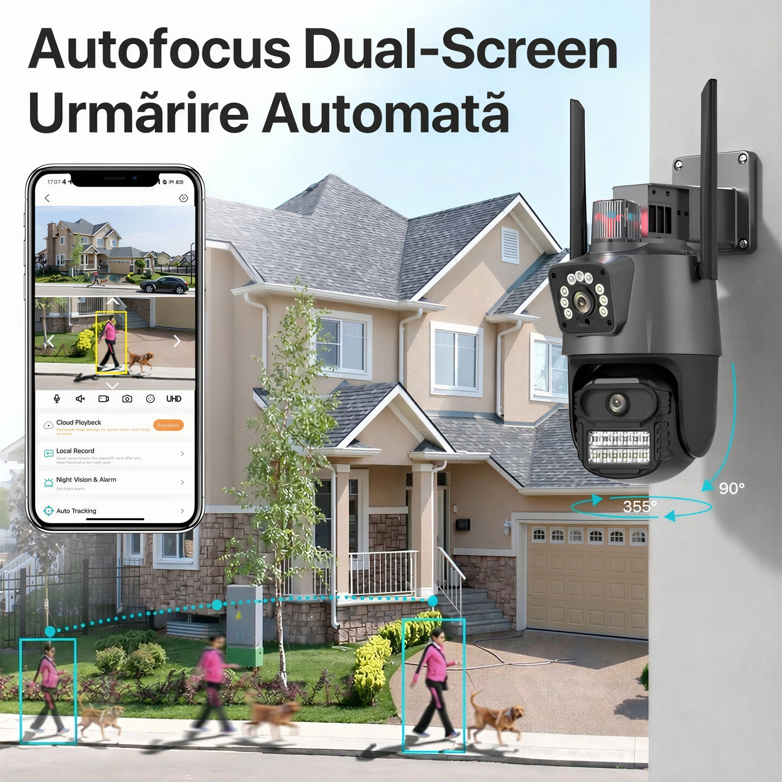 Cameră Supraveghere Wi-Fi Dual Lens 2 Camere Reale, 4K Ultra HD, Rotire 360°, Vedere Nocturnă Color, Alarmă LED, Audio Bidirecțional, Control prin Telefon, 2 Antene Externe Engros