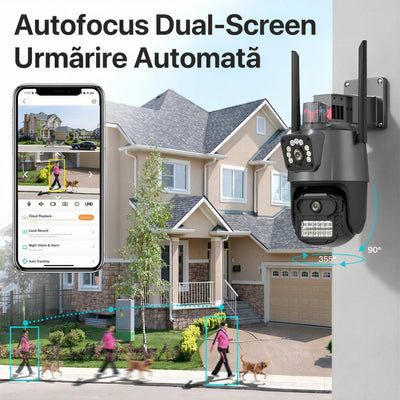 Cameră Supraveghere Wi-Fi Dual Lens 2 Camere Reale, 4G Ultra HD, Rotire 360°, Vedere Nocturnă Color, Alarmă LED, Audio Bidirecțional, Control prin Telefon, 2 Antene Externe Engros