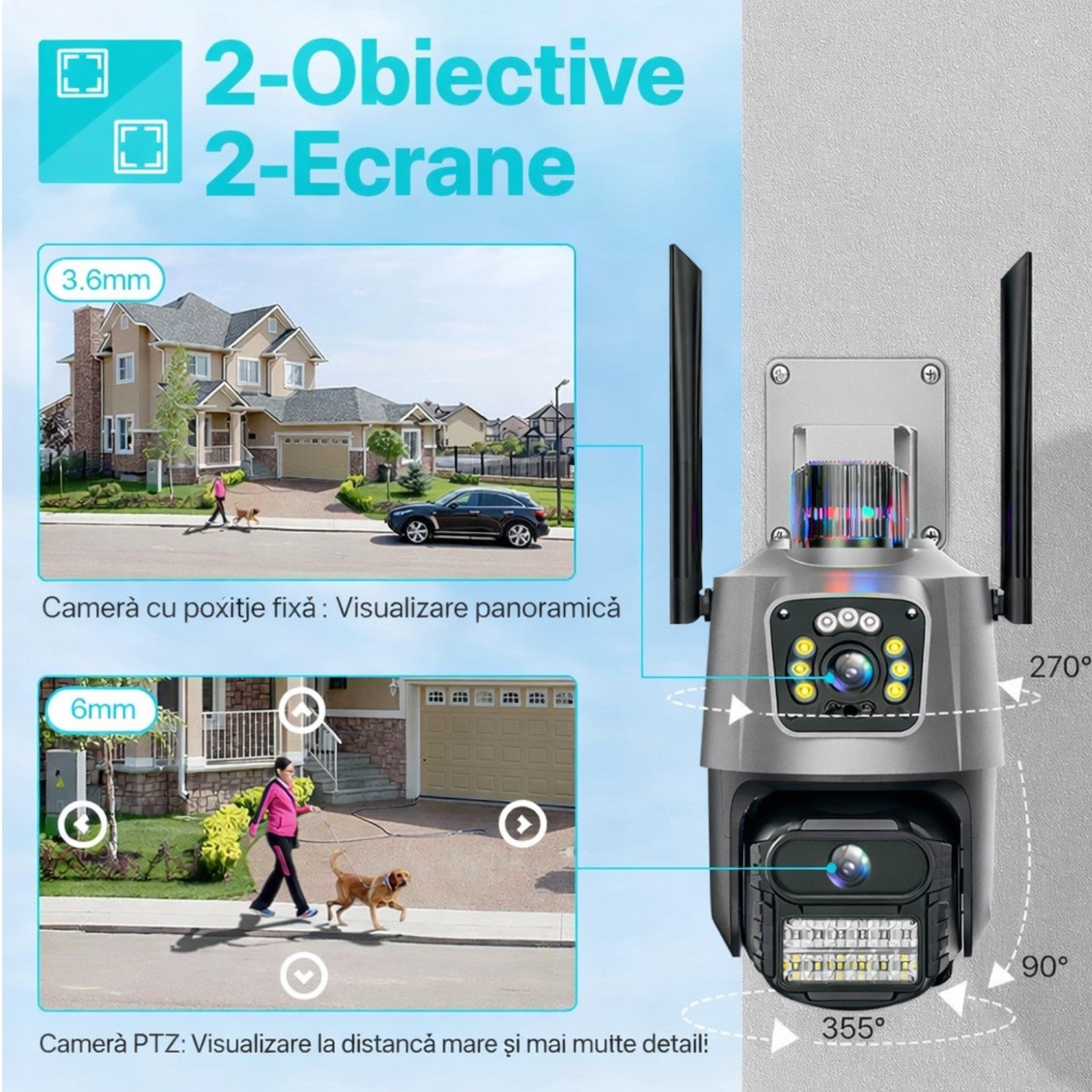 Cameră Supraveghere Wi-Fi Dual Lens 2 Camere Reale, 4K Ultra HD, Rotire 360°, Vedere Nocturnă Color, Alarmă LED, Audio Bidirecțional, Control prin Telefon, 2 Antene Externe Engros