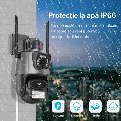 Cameră Supraveghere Wi-Fi Dual Lens 2 Camere Reale, 4G Ultra HD, Rotire 360°, Vedere Nocturnă Color, Alarmă LED, Audio Bidirecțional, Control prin Telefon, 2 Antene Externe Engros