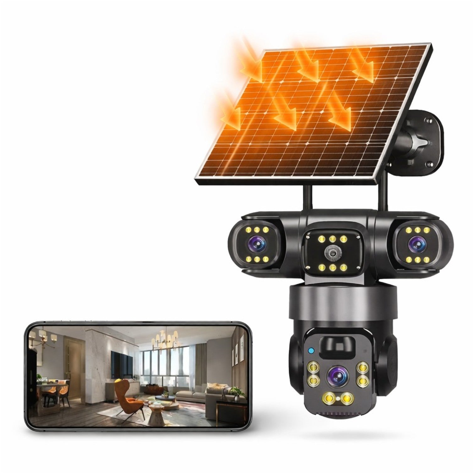 Cameră Supraveghere 4G Solară, 4 Camere Reale 360°, cu SIM, Panou Solar, 20cm, Vedere Nocturnă Color, Audio Bidirecțional, Senzor Mișcare, Control prin Telefon Engros