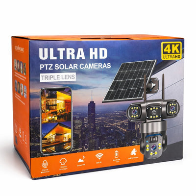 Cameră Supraveghere 4G Solară, 4 Camere Reale 360°, cu SIM, Panou Solar, 20cm, Vedere Nocturnă Color, Audio Bidirecțional, Senzor Mișcare, Control prin Telefon Engros