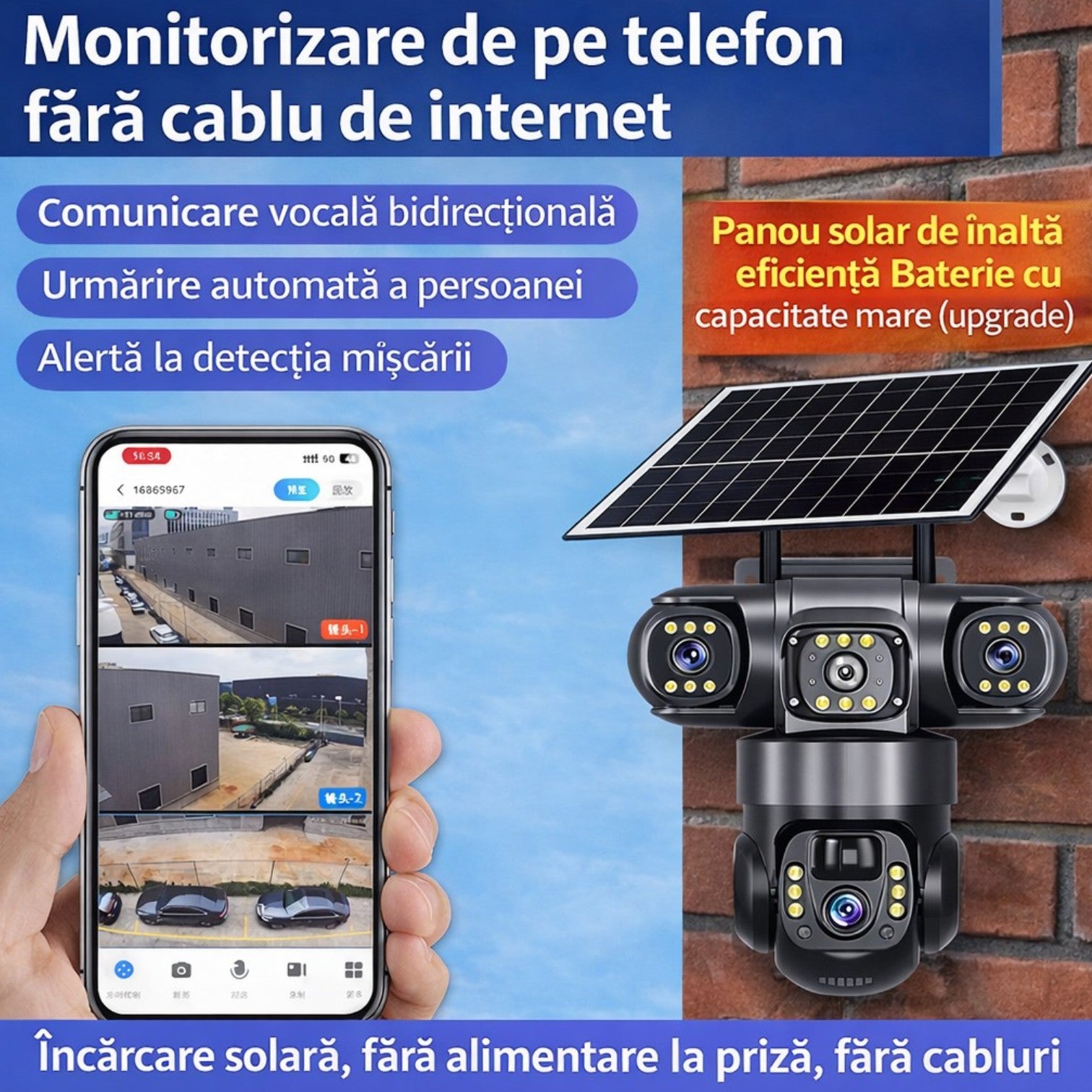 Cameră Supraveghere 4G Solară, 4 Camere Reale 360°, cu SIM, Panou Solar, 20cm, Vedere Nocturnă Color, Audio Bidirecțional, Senzor Mișcare, Control prin Telefon Engros