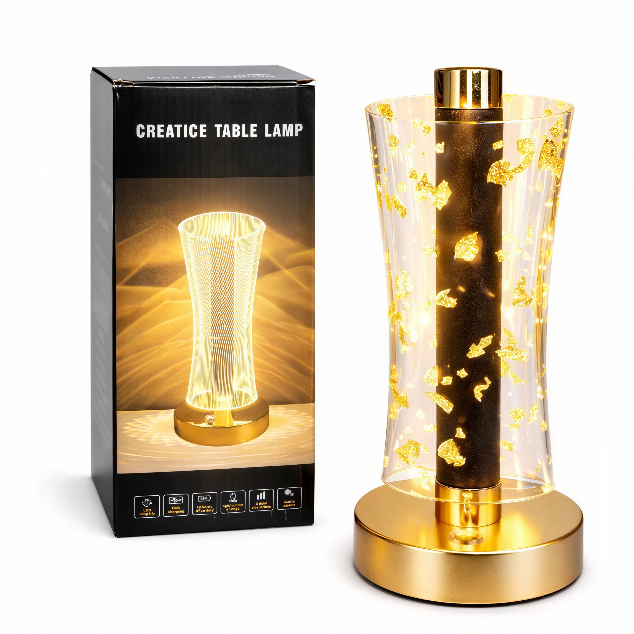 Lampă LED Decorativă 23x14cm, Model Cristal cu Fulgi Aurii, cu 3 Moduri de Lumină, Control Touch Reîncărcabilă Engros