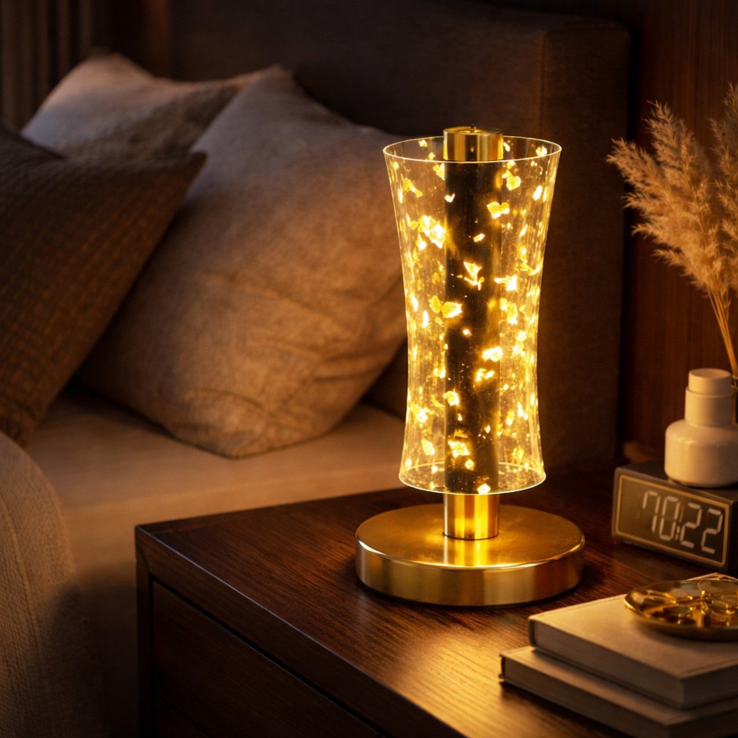 Lampă LED Decorativă 23x14cm, Model Cristal cu Fulgi Aurii, cu 3 Moduri de Lumină, Control Touch Reîncărcabilă Engros