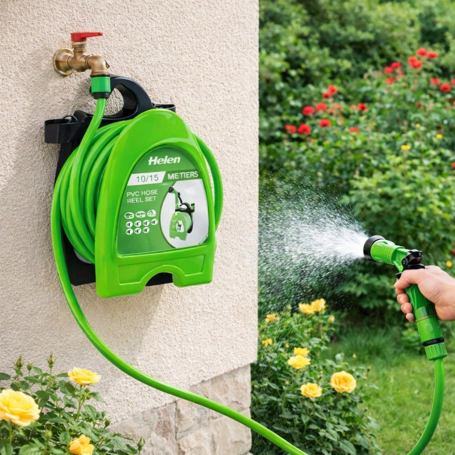 Tambur Furtun Grădină 10/15m, Suport pentru Perete, cu Pistol de Stropire Multifunțional Engros