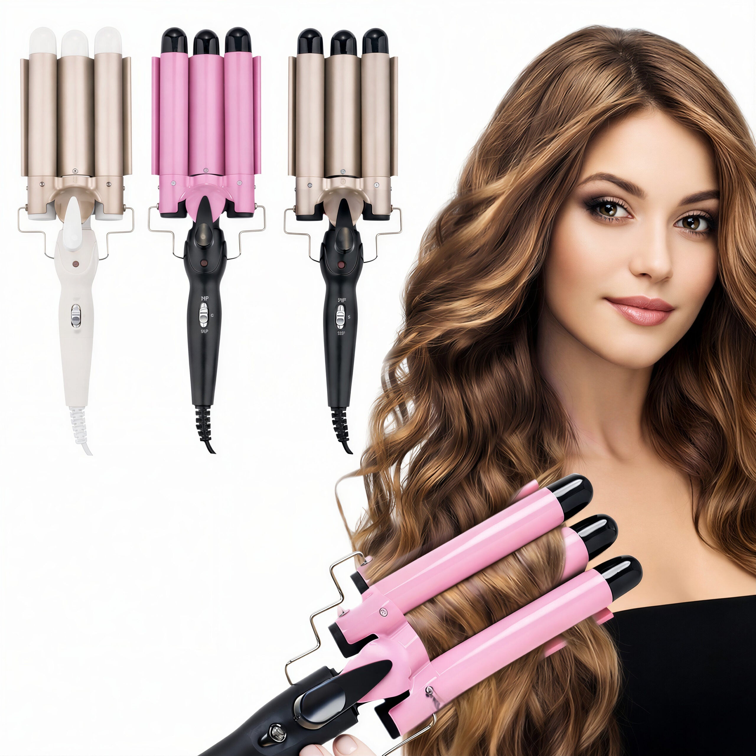 Ondulator de Păr Triplu 36x8.5cm, 3 Cilindri pentru Bucle Largi, Temperatură Reglabilă, Diferite Culori Engros