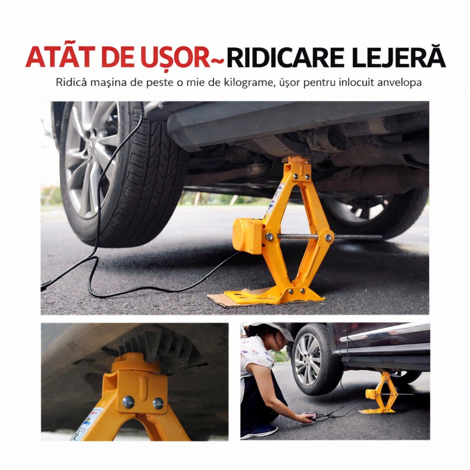 Cric Electric Auto 3T, 40x15.5cm Ridicare 12-42cm, Elevator tip Foarfecă pentru Schimbarea Anvelopelor cu Telecomandă, Set Complet cu Accesorii, Portabil în Cutie Engros