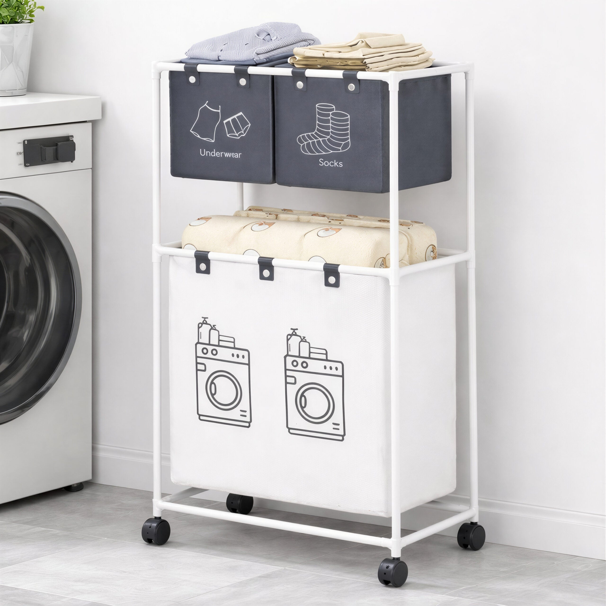 Coș Rufe 2 Niveluri 95x55x25cm, Organizator Haine cu 3 Compartimente, Structură Metalică Engros