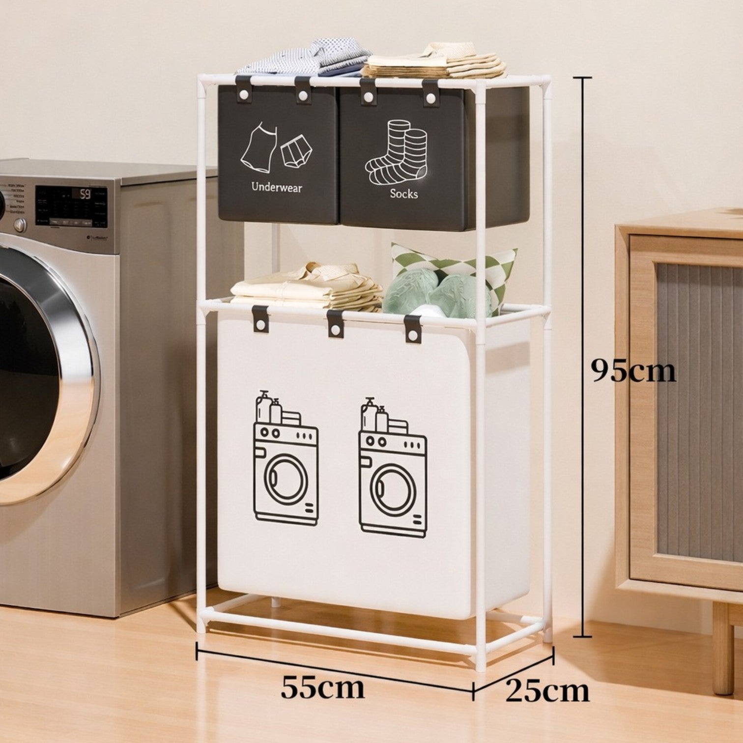 Coș Rufe 2 Niveluri 95x55x25cm, Organizator Haine cu 3 Compartimente, Structură Metalică Engros