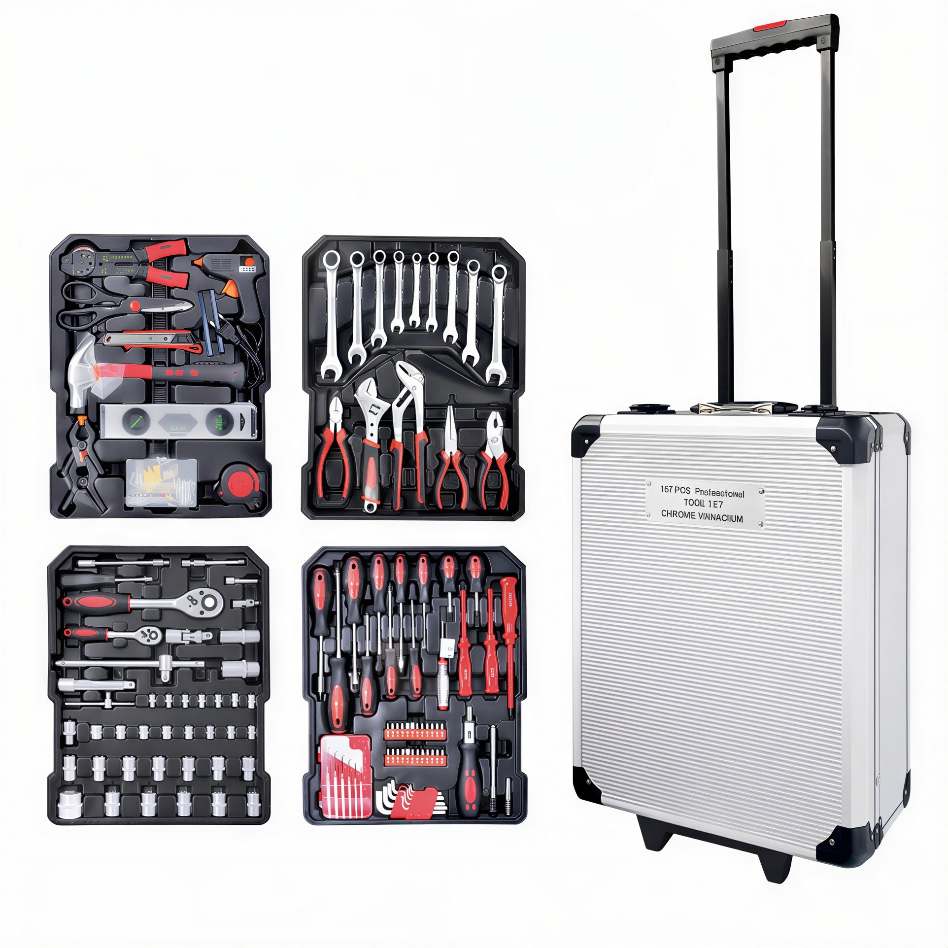 Trusă Profesională de Scule 187 Piese, cu Valiză din Aluminiu Tip Troler Engros