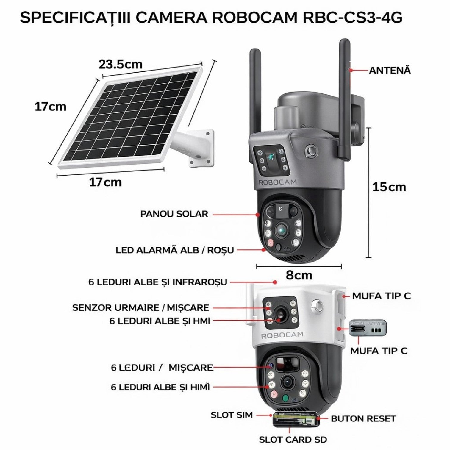 Cameră de Supraveghere 2 in 1, cu Vedere Dublă, WiFi, Panou Solar, Baterie 10800mAh, 6MP, Detectare Mișcare, Vedere Nocturnă, Comunicare Bidirecțională, Exterior IP66 Engros