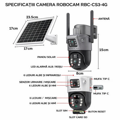 Cameră de Supraveghere 2 in 1, cu Vedere Dublă, WiFi, Panou Solar, Baterie 10800mAh, 6MP, Detectare Mișcare, Vedere Nocturnă, Comunicare Bidirecțională, Exterior IP66 Engros