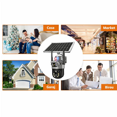 Cameră de Supraveghere 2 in 1, cu Vedere Dublă, WiFi, Panou Solar, Baterie 10800mAh, 6MP, Detectare Mișcare, Vedere Nocturnă, Comunicare Bidirecțională, Exterior IP66 Engros