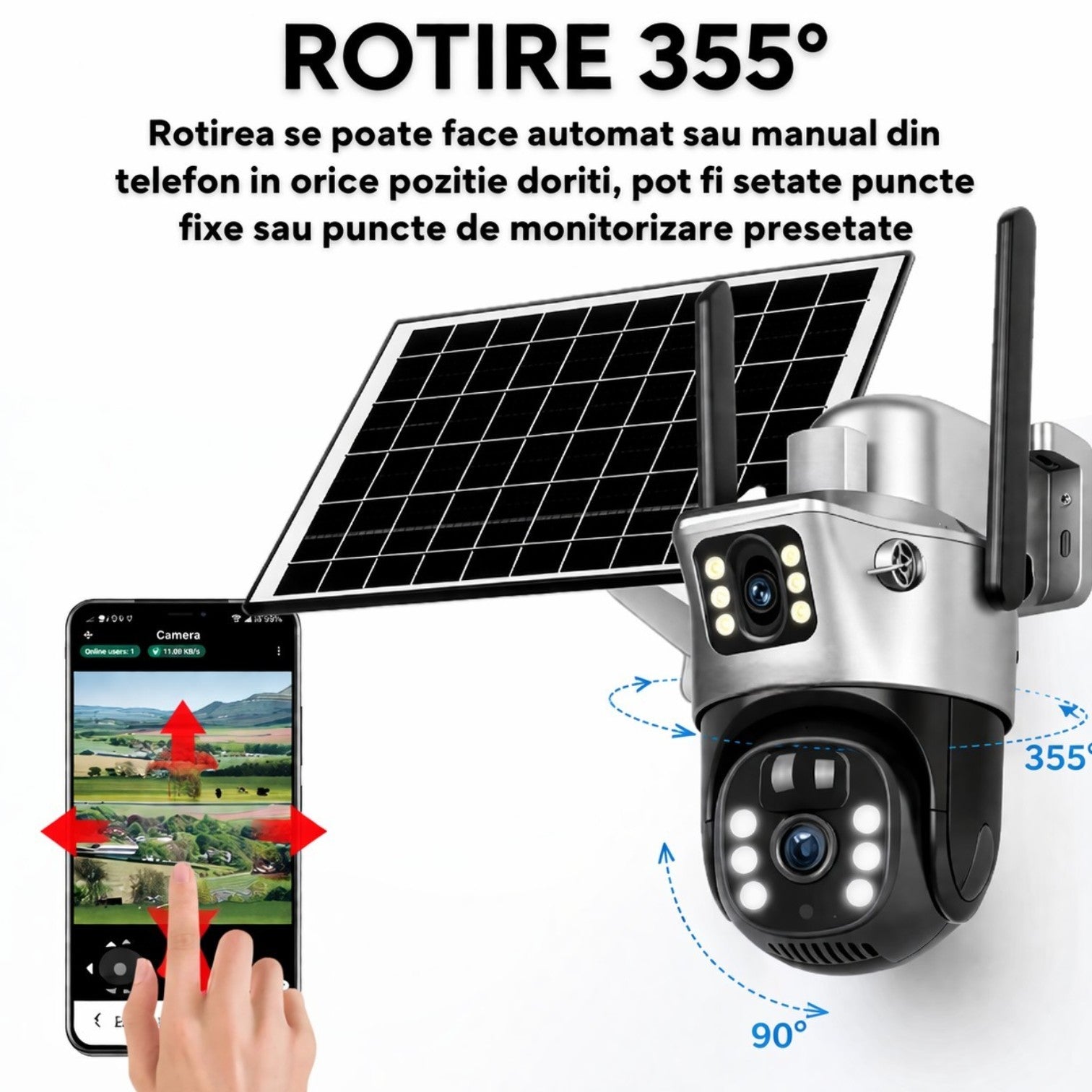 Cameră de Supraveghere 2 in 1, cu Vedere Dublă, WiFi, Panou Solar, Baterie 10800mAh, 6MP, Detectare Mișcare, Vedere Nocturnă, Comunicare Bidirecțională, Exterior IP66 Engros