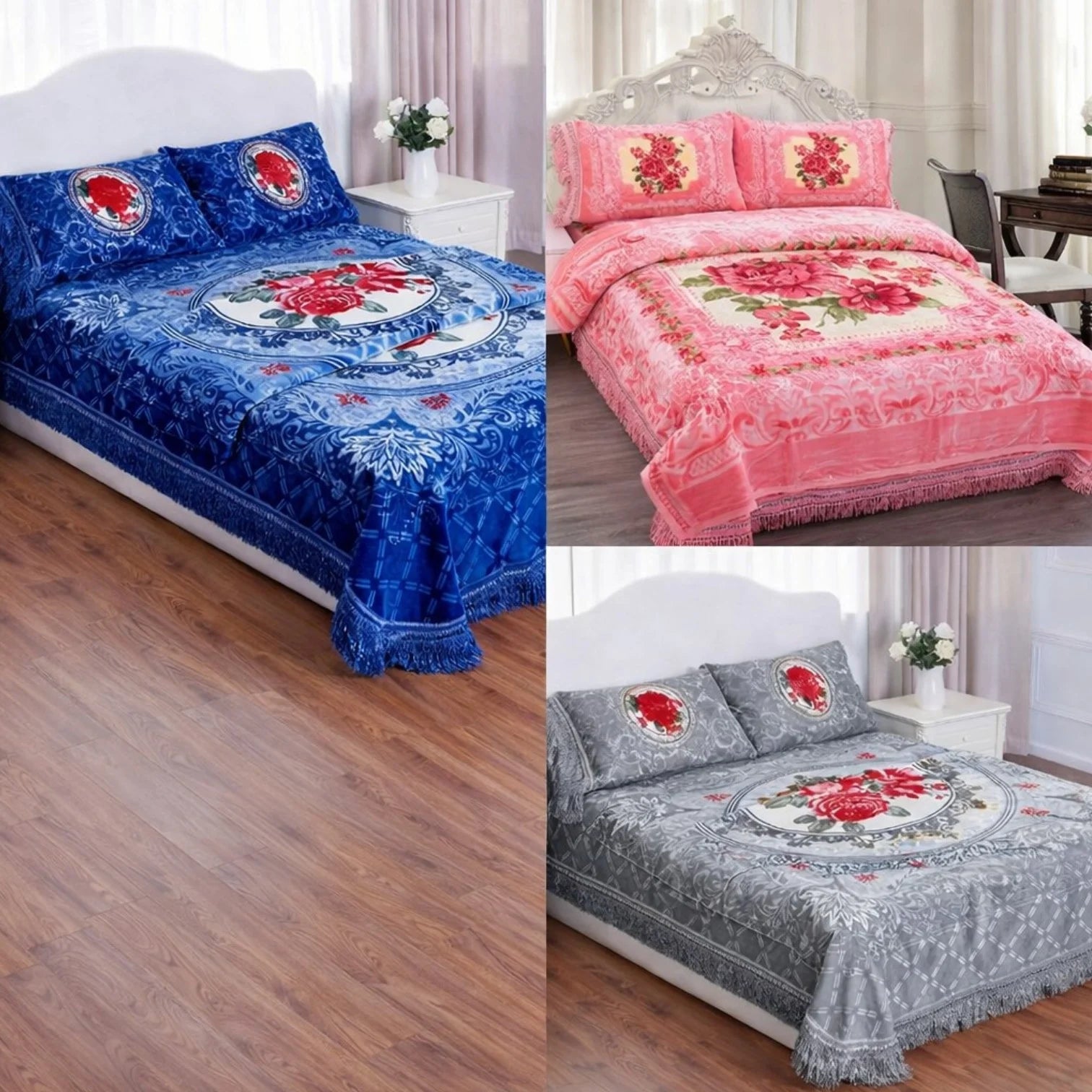 Lenjerie de Pat 4 Piese 220x240cm, Model Floral cu Trandafiri, Material Catifelat și Gros, Diferite Culori Engros