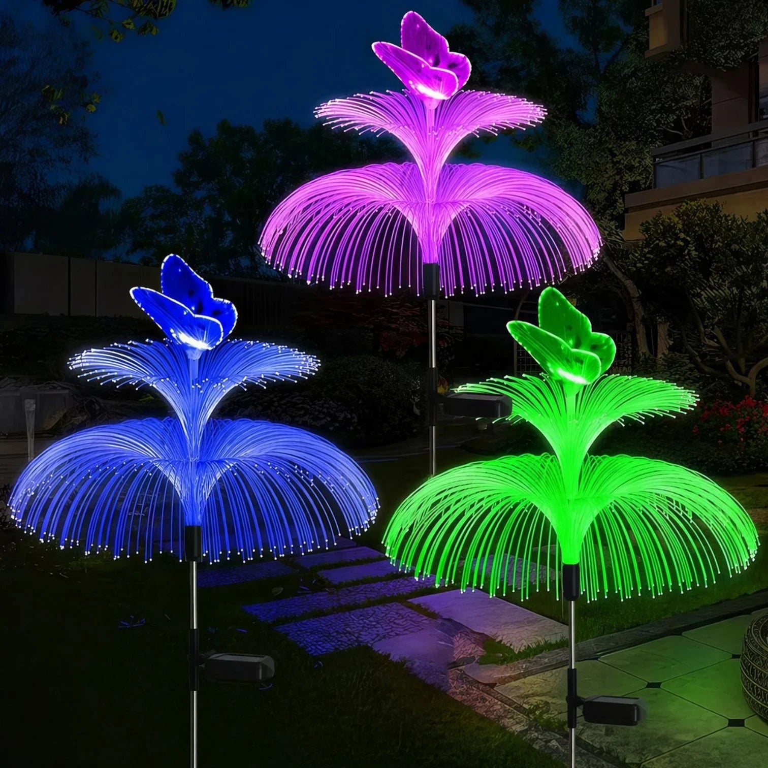 Lampă Solară LED cu Fibră Optică, 85cm Model Floare cu Fluture, Iluminare Multicoloră, Rezistentă la Apă, Panou Solar Integrat Engros