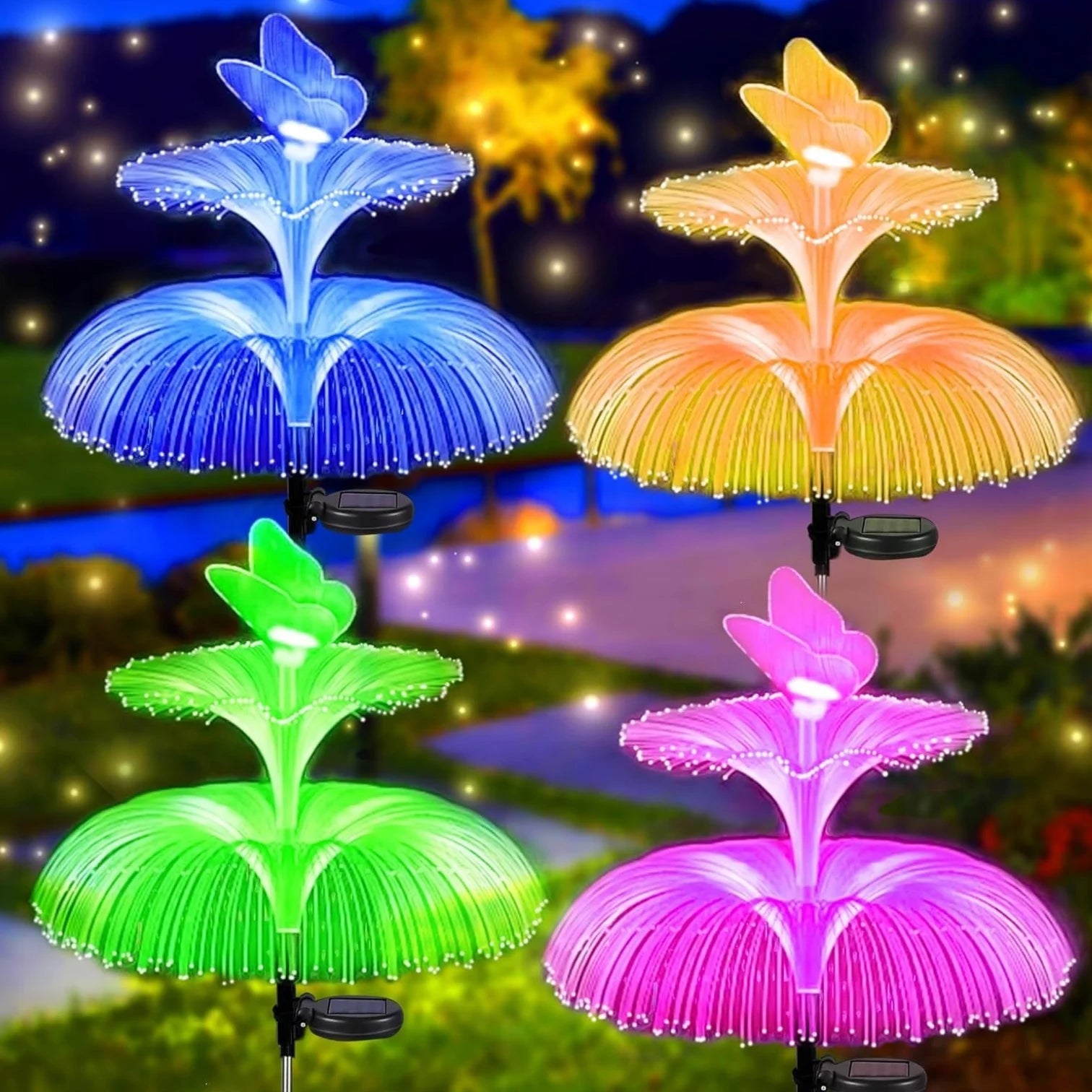Lampă Solară LED cu Fibră Optică, 85cm Model Floare cu Fluture, Iluminare Multicoloră, Rezistentă la Apă, Panou Solar Integrat Engros