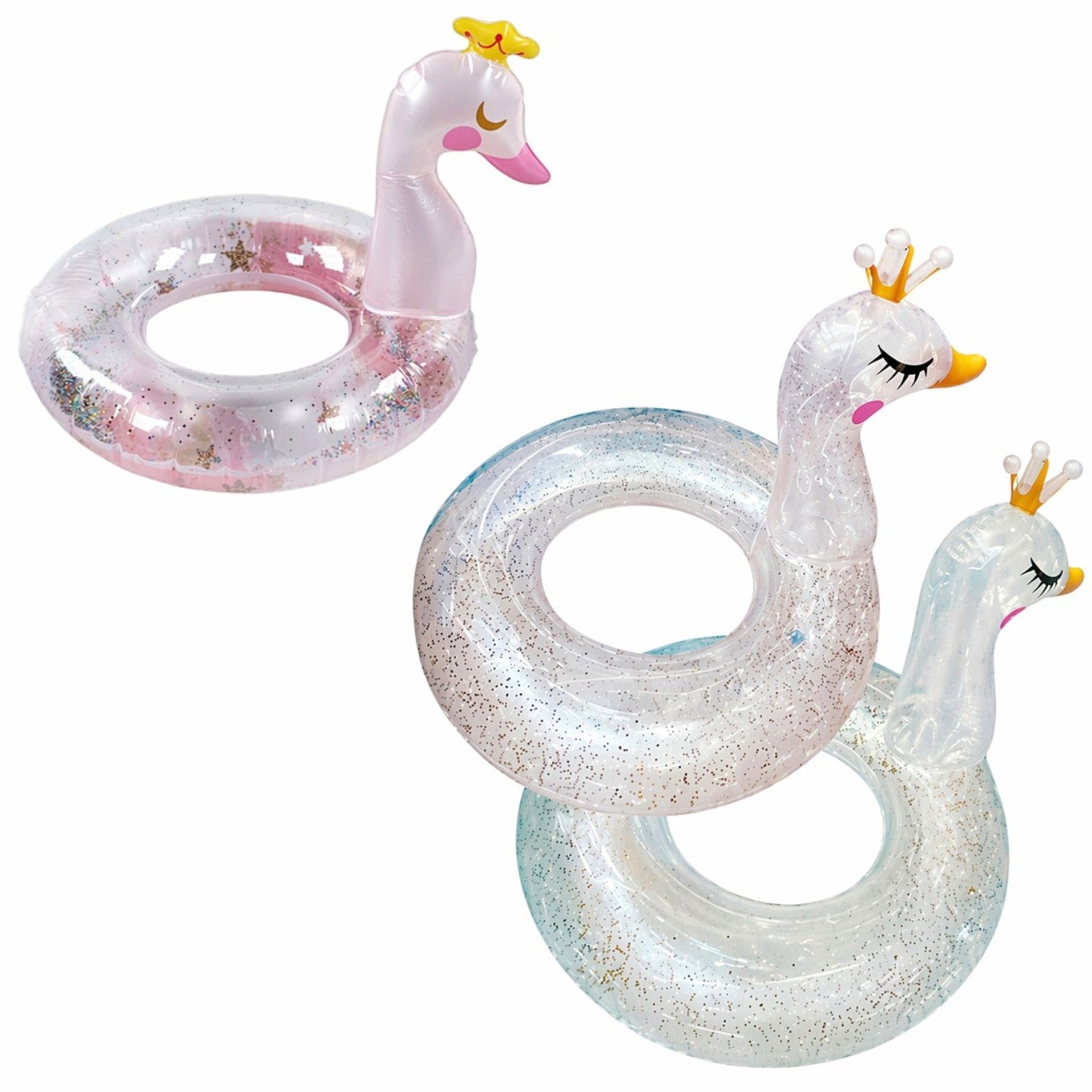Colac Gonflabil 70cm Model Lebădă cu Coroană, Transparent cu Sclipici, Diferite Culori Engros