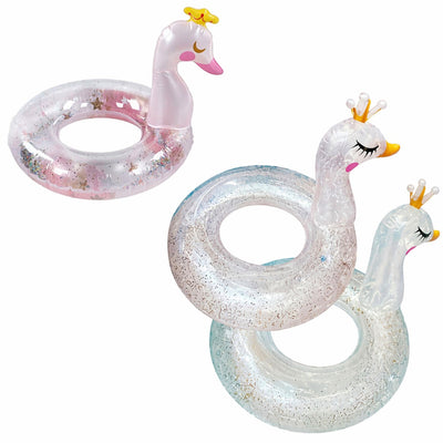 Colac Gonflabil 70cm Model Lebădă cu Coroană, Transparent cu Sclipici, Diferite Culori Engros