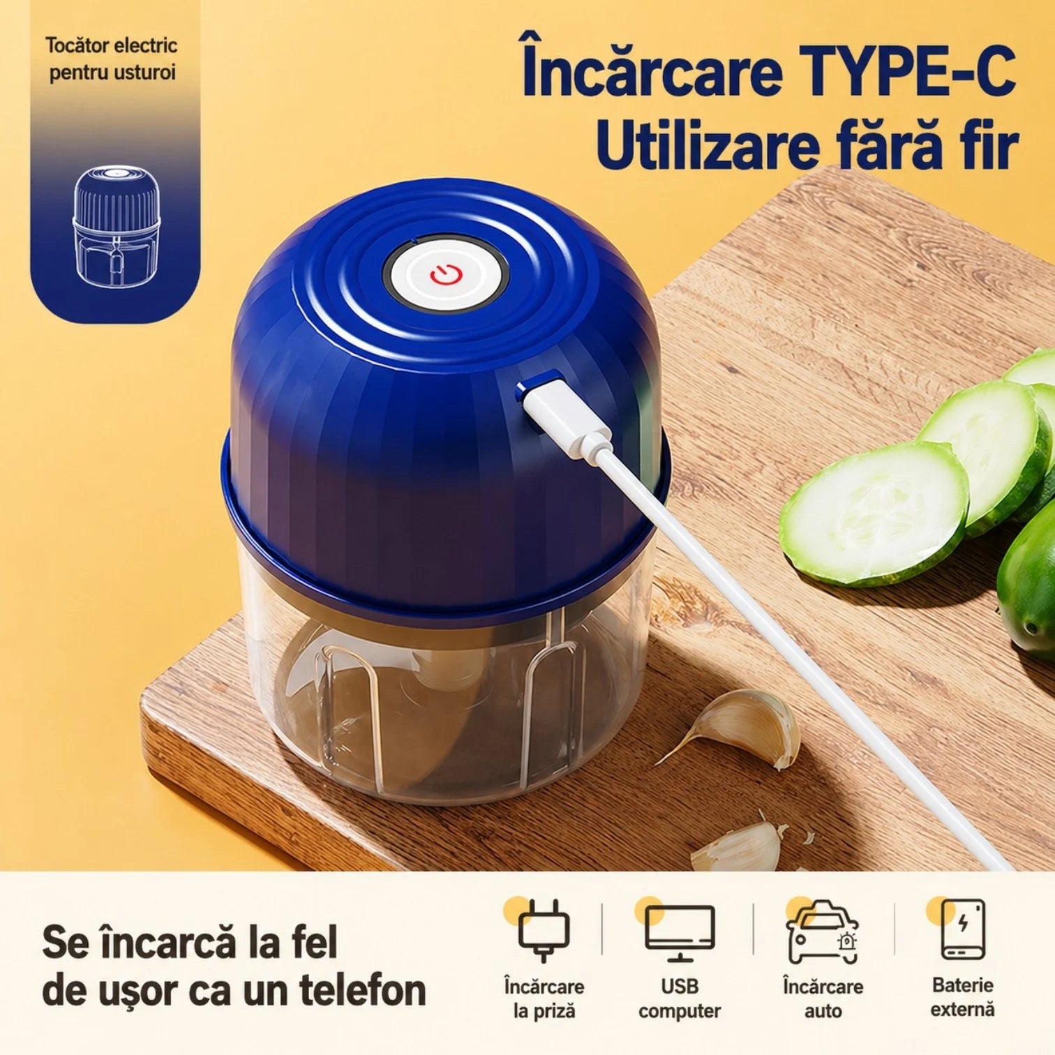 Tocător Electric Fără Fir 11.3×9cm, Încărcare TYPE-C, 2 Lame din Oțel Inoxidabil, Recipient 260ml pentru Legume Engros