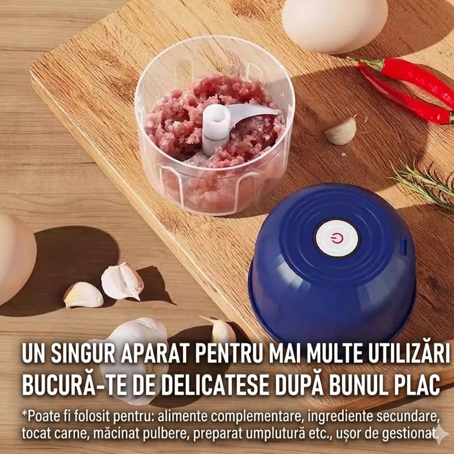Tocător Electric Fără Fir 11.3×9cm, Încărcare TYPE-C, 2 Lame din Oțel Inoxidabil, Recipient 260ml pentru Legume Engros
