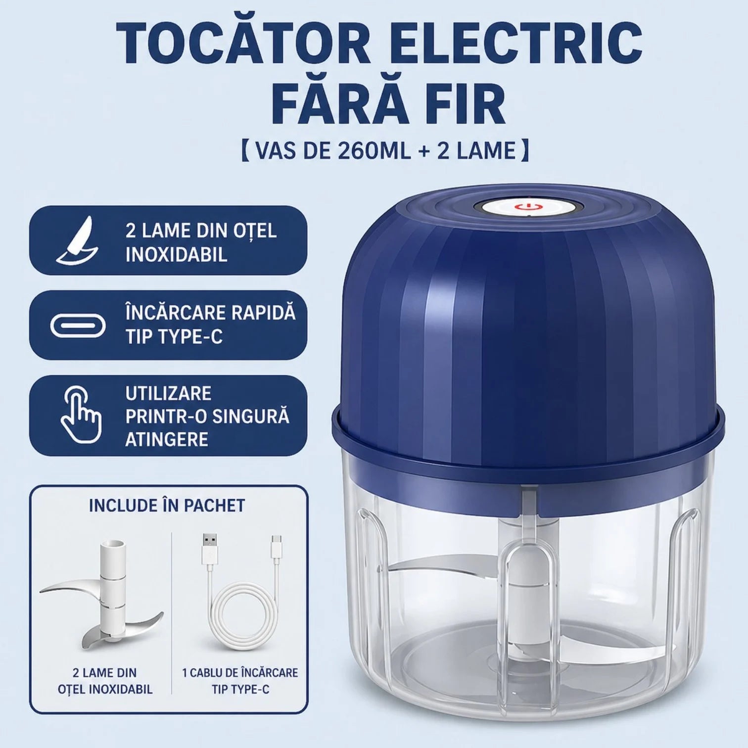 Tocător Electric Fără Fir 11.3×9cm, Încărcare TYPE-C, 2 Lame din Oțel Inoxidabil, Recipient 260ml pentru Legume Engros