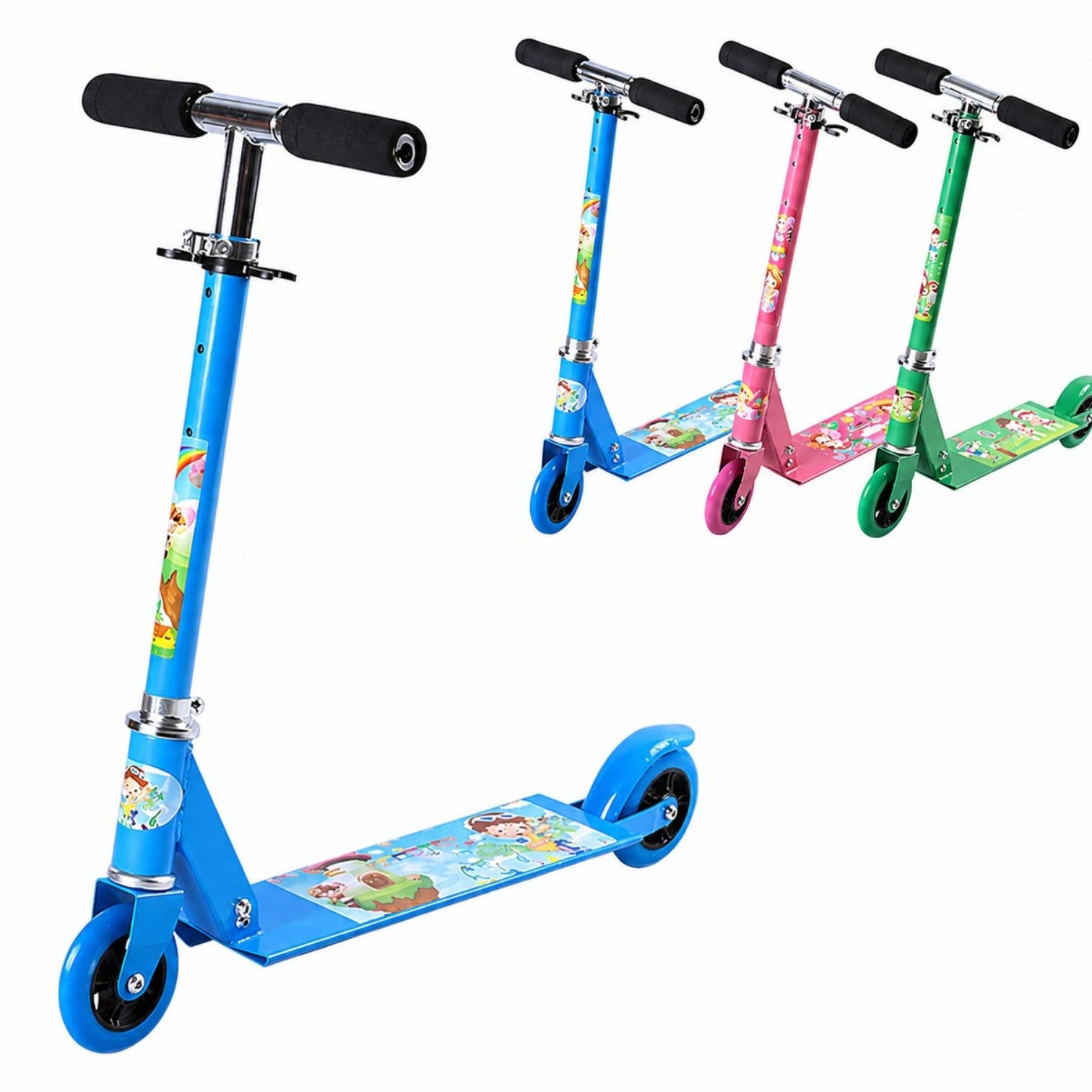 Trotinetă Pliabilă cu 2 Roti 75x60cm pentru Copii, Model Colorat cu Desene Animate, Structură Metalică si Ghidon Reglabil și Antiderapant, Diferite Culori Engros