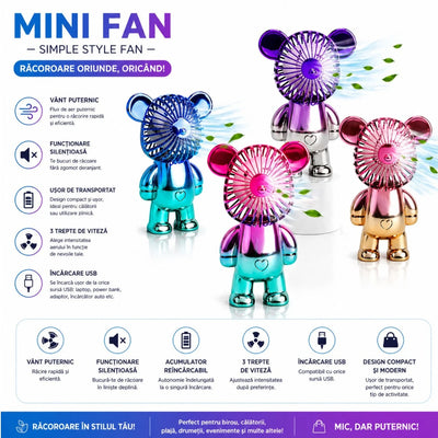 Ventilator Mini Portabil 14cm, Model Ursuleț Colorat Metalizat, Diferite Culori Engros