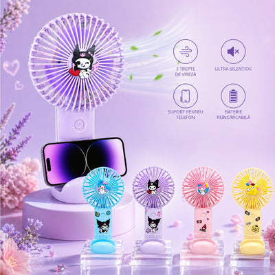 Ventilator Portabil USB 17.5cm, cu Suport Telefon, Stickere și Figurină, Diferite Modele Colorate Engros